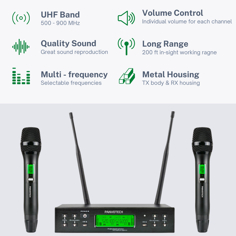 UHF Multi-channel Dual Handheld Wireless Mic For Stage & Home Karaoke